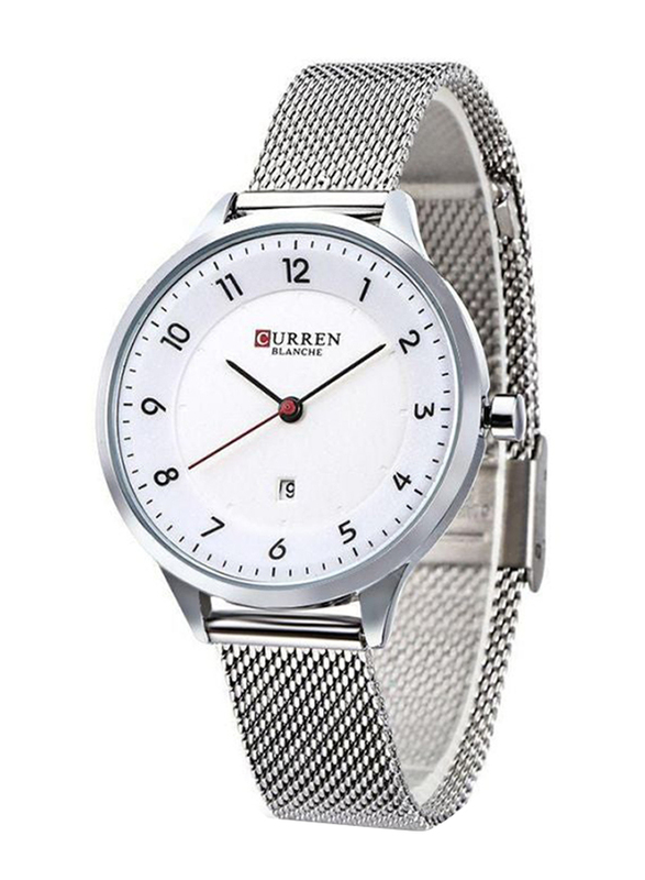 Curren Analog Watch for Women with Metal Band, 9035, White-Silver