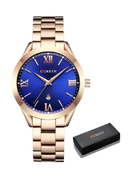 Curren Analog Watch for Women with Stainless Steel Band, Water Resistant, Gold-Blue
