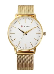 Curren Analog Watch for Women with Stainless Steel Band, Water Resistant, 9024A, Gold-White