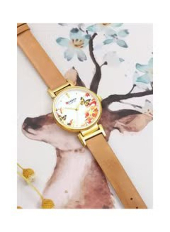 Curren Analog Watch for Women with Leather Band, Water Resistant, C9053L-3, White-Beige