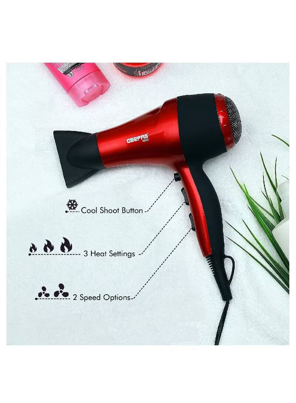 Geepas 2000W 2 Speed & 3 Heat Cool Shot Ionic Hair Dryer, Red