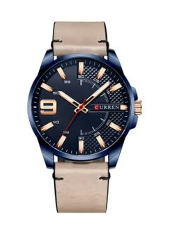 Curren Analog Watch for Men with Leather Genuine Band, Water Resistant, 8371, Blue-Grey
