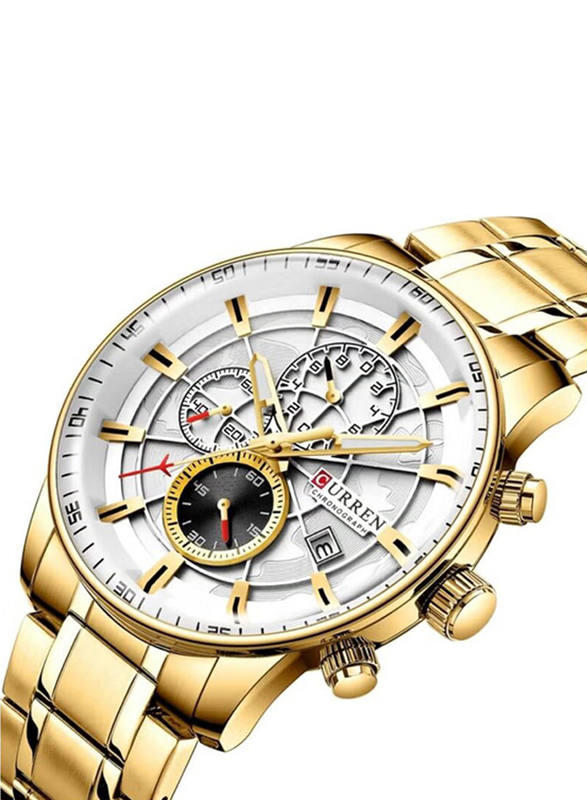 Curren Analog Watch for Men with Stainless Steel Band, Water Resistant and Chronograph, 8362, Gold-White