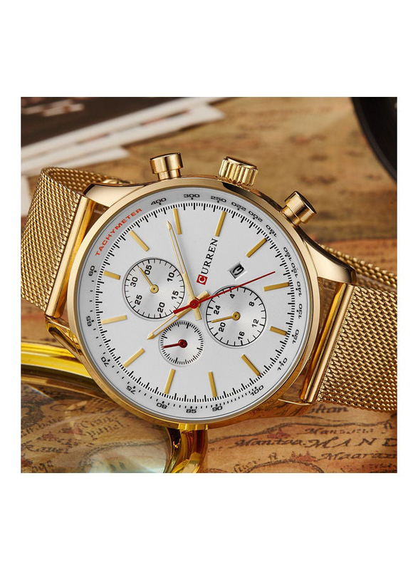 Curren Stylish Analog Wrist Watch for Men with Alloy Band and Chronograph, J1714GW-KM, Gold-White