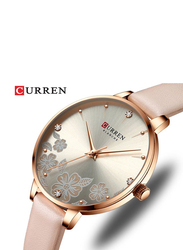 Curren Analog Watch for Women with Leather Band, Water Resistant, 9068, White-Pink