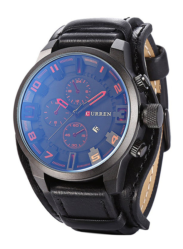 Curren Analog Watch for Men with Leather Band, Water Resistant and Chronograph, 8225, Black-Blue