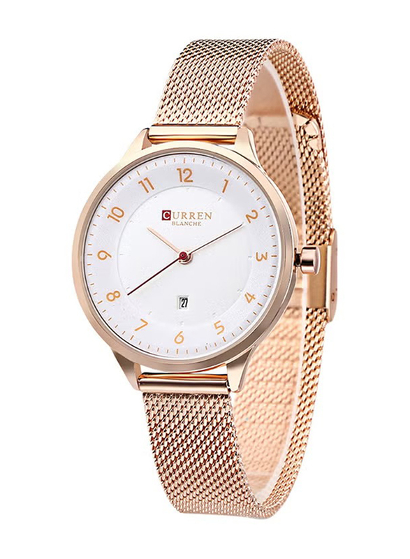 Curren Quartz Analog Watch for Women with Stainless Steel Band, Water Resistant, 2619405, Rose Gold-White