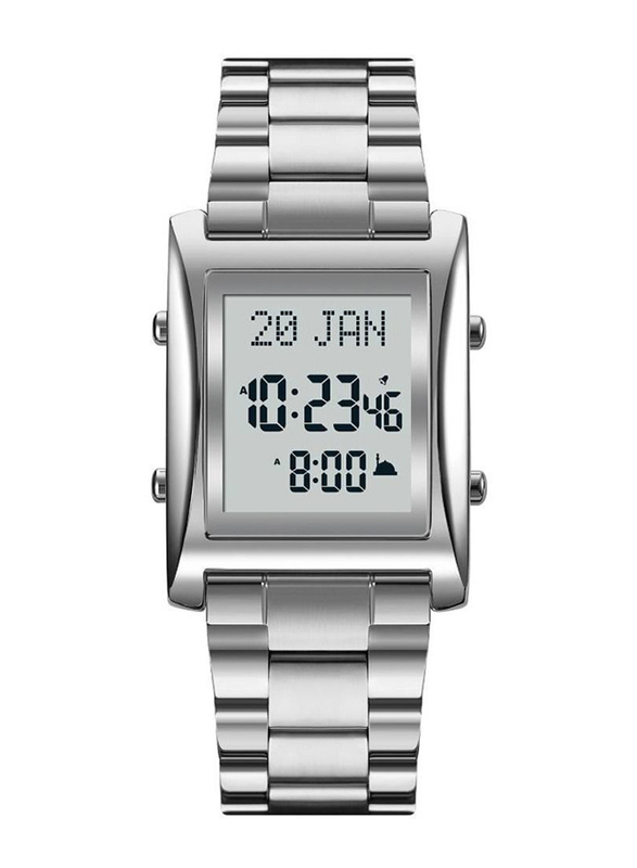 SKMEI Islamic Prayer Digital Wrist Watch for Men with Stainless Steel Band, Silver-Grey