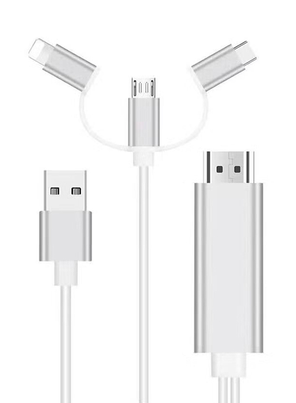 2-Meter 3-in-1 HDMI Cable, Multiple Types to HDMI for Smartphones/Tablets, White/Silver