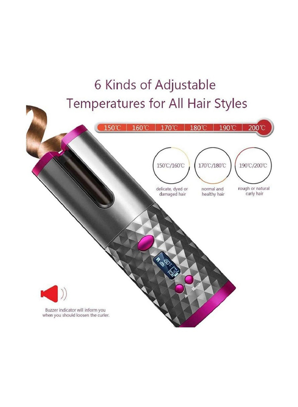 Cordless USB Rechargeable Wand Curling Iron Auto Curling Hair Curlers, Grey/Pink