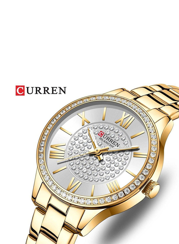 Curren Quartz Movement Analog Watch for Women with Stainless Steel Band, Water Resistant, 9084, Gold-White