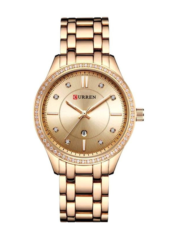 Curren Analog Watch for Girls with Stainless Steel Band, Water Resistant, C9010L-3, Gold