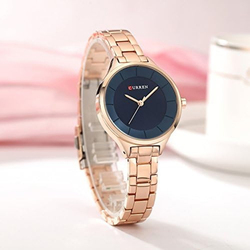 Curren Analog Watch for Women with Stainless Steel Band, Water Resistant, 9015, Gold-Blue