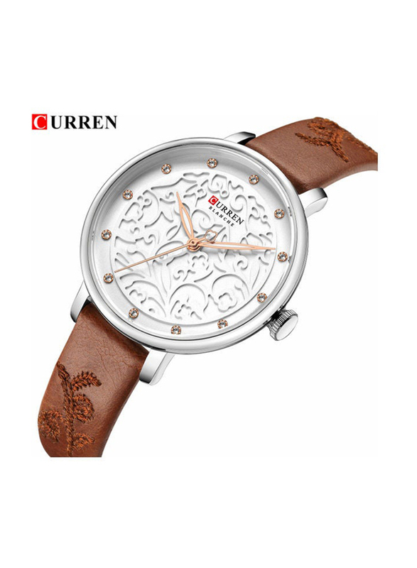 Curren Analog Watch for Women with Leather Band, J4341K-2-KM, Brown-White