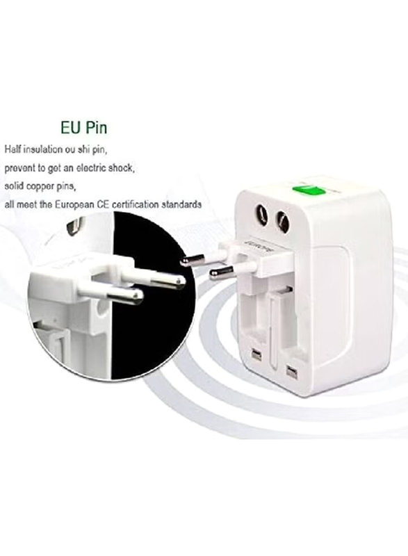 Universal Travel Adapter with Dual-USB Charging Ports, White