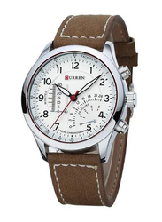 Curren Military Quartz Analog Watch for Men with Leather Band, Water Resistant, 8152, Brown-White