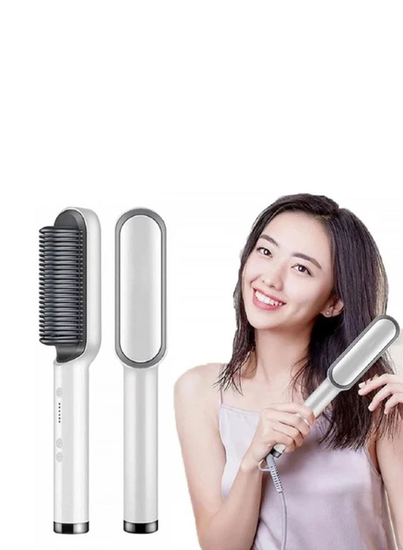 Professional 2-in-1 Hair Straightener Brush With Built In Comb, White/Black