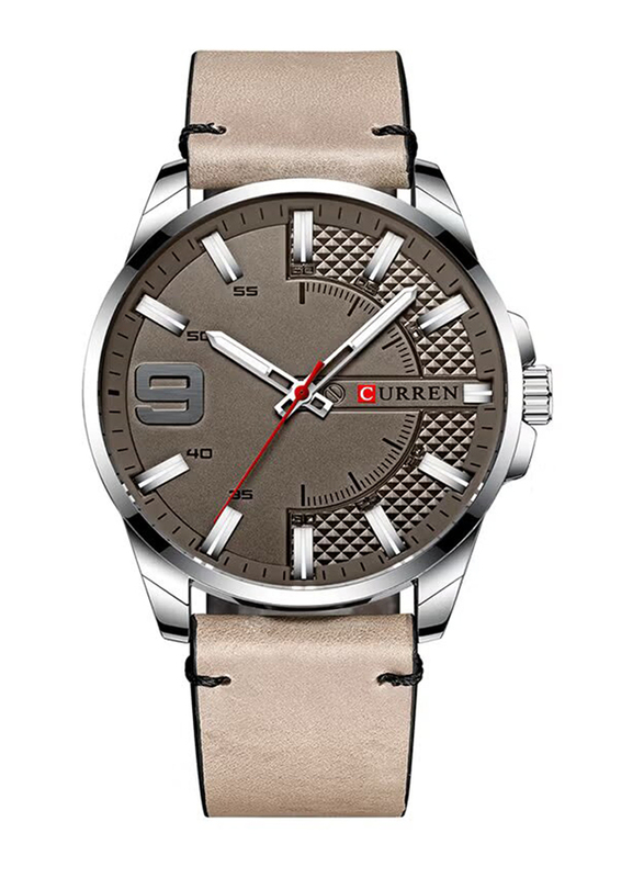Curren Quartz Analog Watch for Men with Leather Band, Water Resistant, 8371, Grey