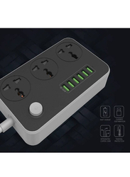 Universal Power Strips Wall Charger 3 Way Outlets & 6 USB Plug Ports, 2 Meters, Black/Grey