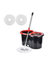 Spin Stainless Steel Handle Mop Bucket with Wringer Set & Floor Cleaning System Easy Wring Foot Pedal, Black/Red