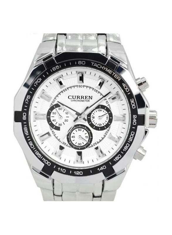 Curren Analog Watch for Men with Stainless Steel Band, Water Resistant and Chronograph, 8084, Silver-White
