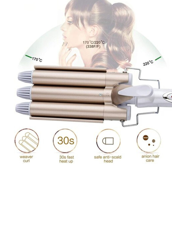 3 Barrel Hair Curling Iron Curling Wand/ Pro Ceramic Heating Hair Curler Iron Wand, White/Gold