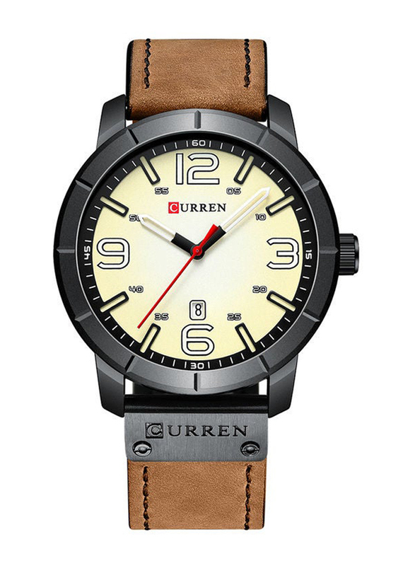 Curren Analog Watch for Men with Leather Band, J3634Y-KM, Beige-Brown
