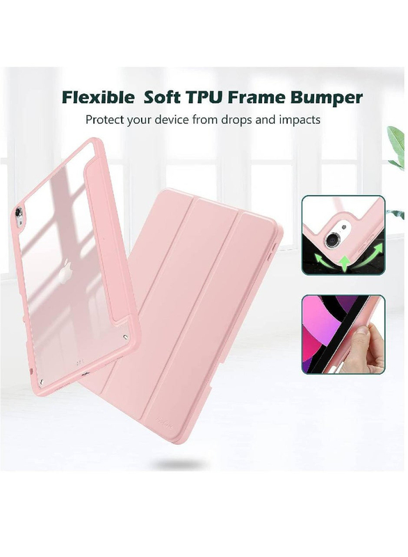 Hyx Apple iPad Air 5th Gen/iPad Air 4th Gen 10.9-inch Clear Transparent Back Shell Trifold Protective Tablet Flip Case Cover with Pencil Holder, Pink