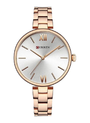 Curren New Quartz Movement Analog Wrist Watch for Women with Stainless Steel Band, Water Resistant, 9017, Rose Gold-White