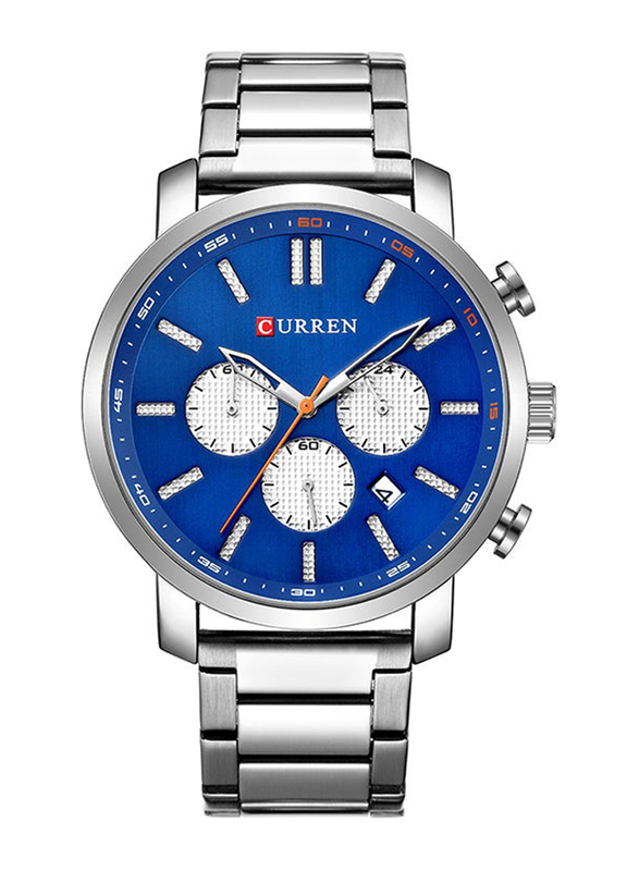 Curren Analog Watch for Men with Stainless Steel Band, Water Resistant and Chronograph, 8315, Silver-Blue