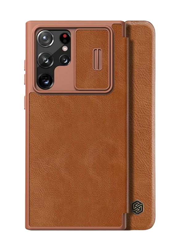 Nillkin Samsung Galaxy S23 Ultra Camera Protection Leather Mobile Phone Flip Case Cover, Brown