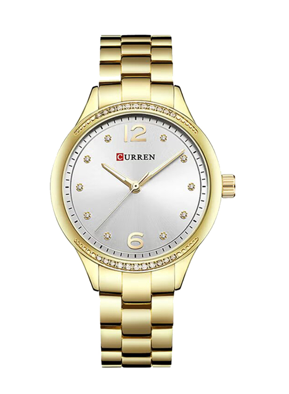 Curren Analog Watch for Women with Stainless Steel Band, Water Resistant, WT-CU-9003-GO1#D1, Gold-White