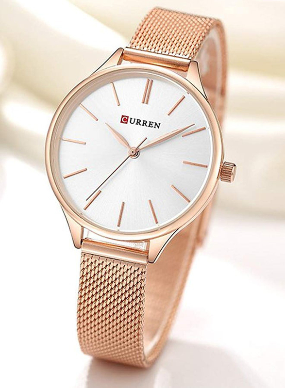 Curren Analog Watch for Women with Stainless Steel Band, Water Resistant, WT-CU-9024-RGO1#D1, Silver-Rose Gold