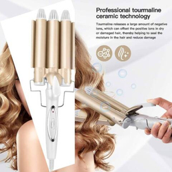 Arabest Electric Ceramic 3 Barrel Big Wave Professional Hair Curling Iron Styling Tool with Temperature Indicator & Dual Voltage, Gold