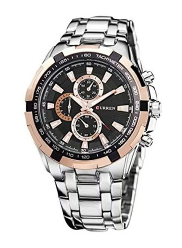 Curren Analog Watch for Men with Stainless Steel Band, Water Resistant and Chronograph, 8023, Silver-Black