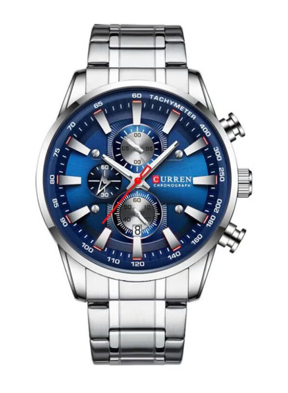 Curren Analog Watch for Men with Alloy Band, Water Resistant and Chronograph, J4516S-BL-KM, Silver-Blue
