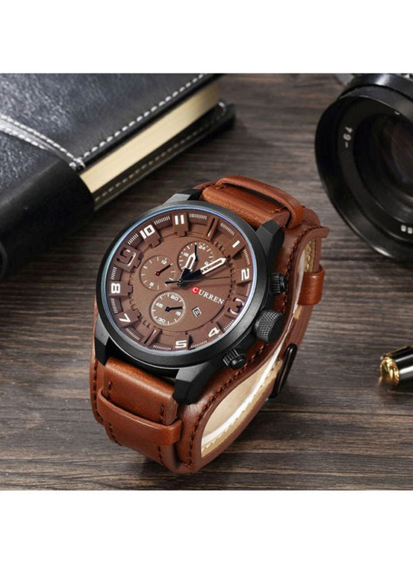 Curren Analog Unisex Watch with Leather Band, Chronograph, J3618K-KM, Brown