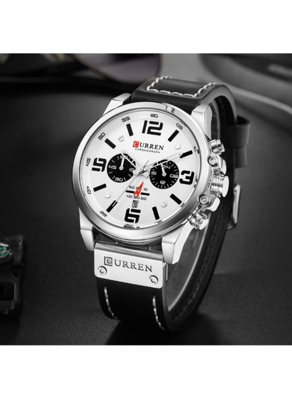 Curren Analog Watch for Men with Leather Band, Water Resistant and Chronograph, J4370-5-KM, Black-White