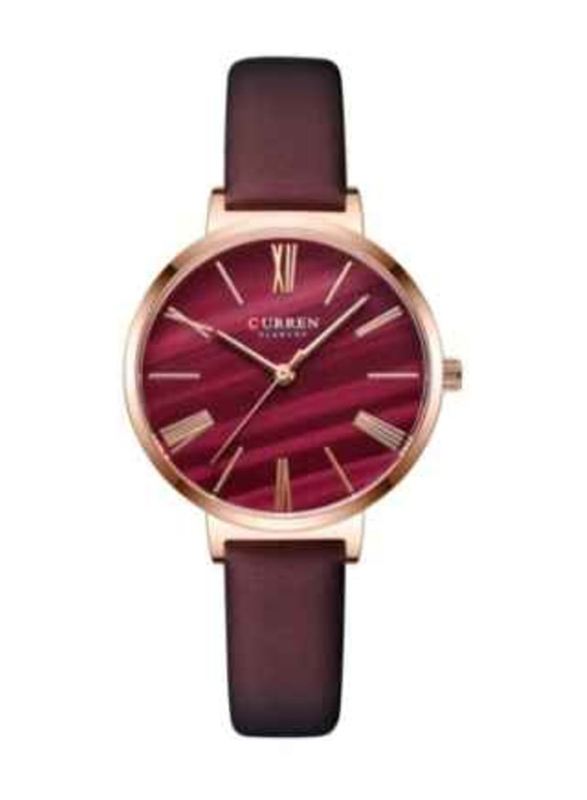 Curren Analog Watch for Women with Leather Band, Water Resistant, J-4818BU, Red