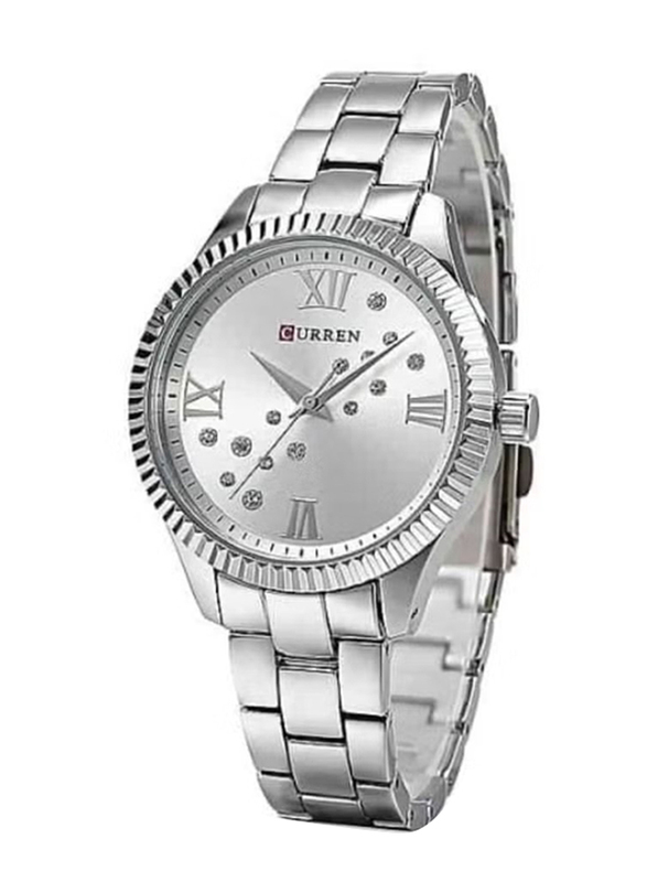 Curren New Fashion Quartz Movement Analog Wrist Watch for Women with Stainless Steel Band, Water Resistant, 9009, Silver