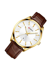 Curren Analog Watch for Men with Leather Band, Water Resistant, 8365, White-Brown