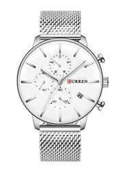 Curren Analog Watch for Men with Stainless Steel Band, Chronograph, 8339-1, White-Silver