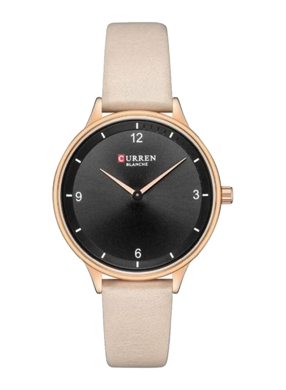 Curren Analog Watch for Women with Leather Band, Water Resistant, 9039, Black-Beige