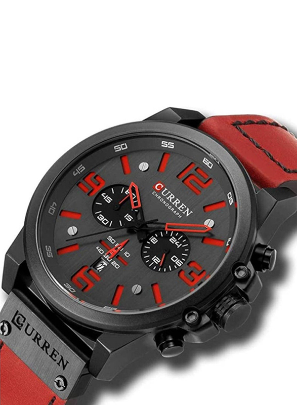 Curren Analog Watch for Men with Leather Band, Water Resistant and Chronography, 8314, Red-Black