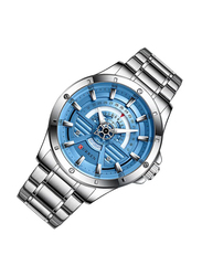 Curren Day & Date Quartz Analog Watch for Men with Stainless Steel Band, Water Resistant, 8381, Silver-Blue