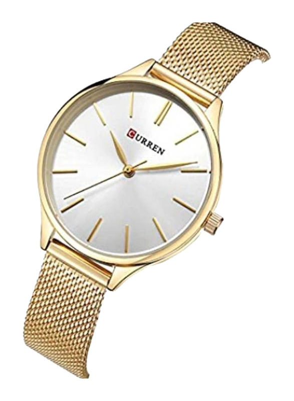 Curren Analog Watch for Women with Metal Band, Water Resistant, 9016, Gold-White