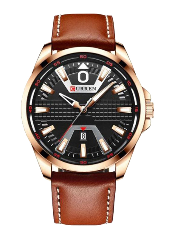 Curren Analog Watch for Men with Leather Band, Water Resistant, J4364RG-KM, Black-Brown