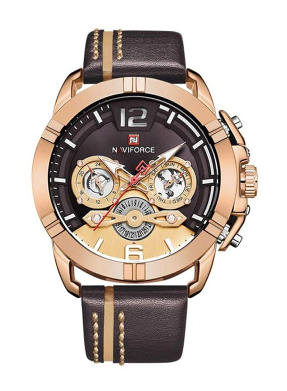 Naviforce Analog Watch for Men with Leather Band, Water Resistant & Chronograph, NF9168, Brown-Gold