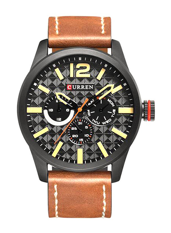 Curren Analog Watch for Men with Leather Band, Water Resistant and Chronograph, 8247, Brown-Black/Grey