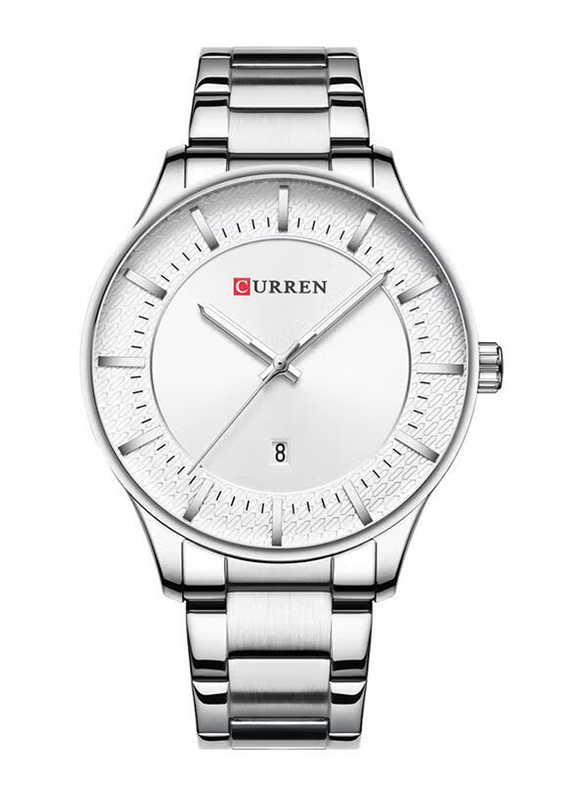 Curren Analog Watch for Men with Stainless Steel Band, Silver-White